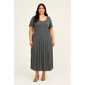 Bohme Essentials Short Sleeve Tiered Ribbed Maxi Dress Green Gray Size XLarge